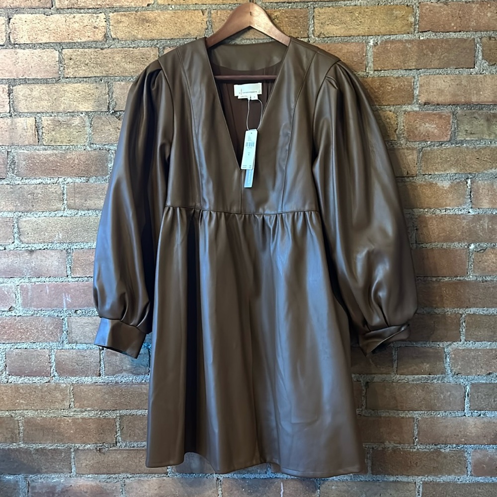 Anthropologie deep-V faux leather babydoll dress